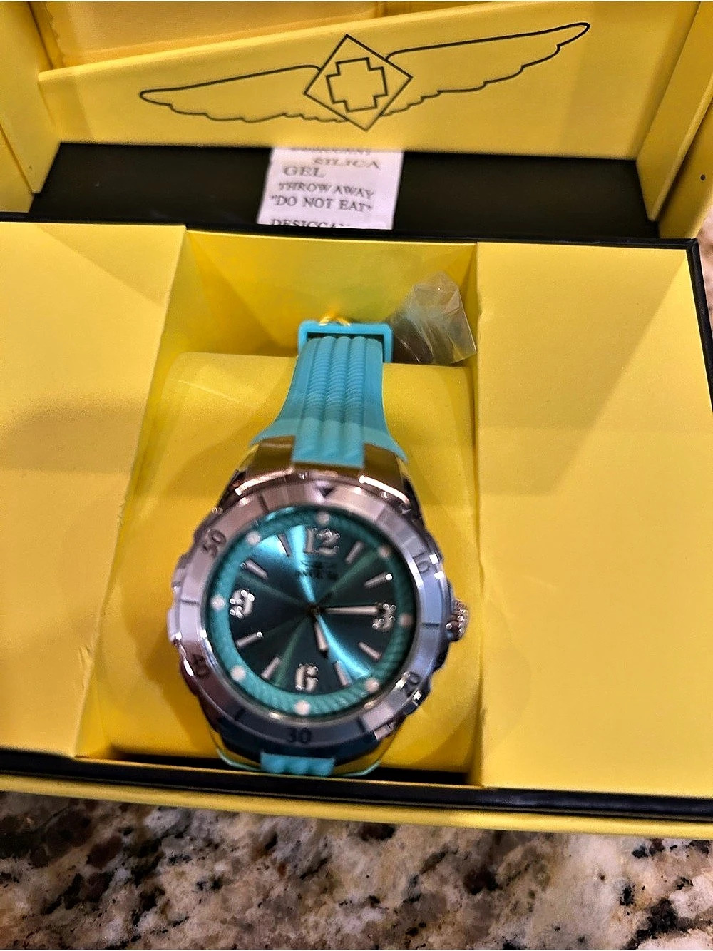 Invicta Angel 24124 38mm Turquoise Dial Light Blue Silicone Watch New Box